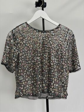 LOFT Gray Sheer Sequin Floral Crop Top with Cami underneath